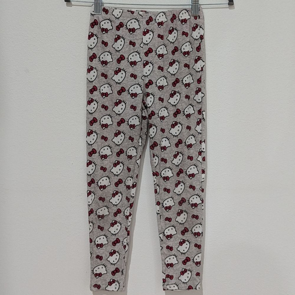 Hello Kitty Sanrio Girl's Grey White Red Ribbed Cotton Leggings 8/10